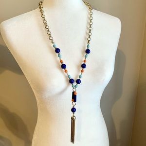 Talbots tassel necklace blue, orange, gold tone